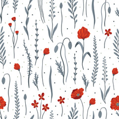 Seamless pattern with red poppy flowers. Design for packaging, label and greeting card.