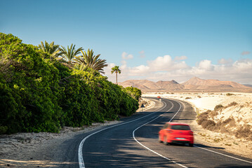 Rotes Auto auf der FV-104 in den Dünen von Corralejo mit Palmen auf Fuerteventura