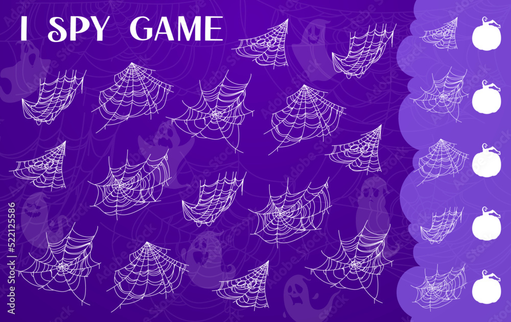 Aufkleber halloween i spy game of cartoon spiderweb and cobweb, ghost and pumpkin silhouettes. vector puzzle o