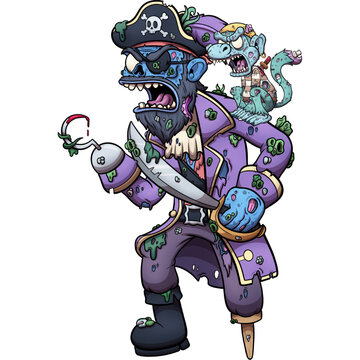 Zombie Pirate With Monkey. Vector Clip Art Illustration With Simple Gradients. All In One Single Layer.