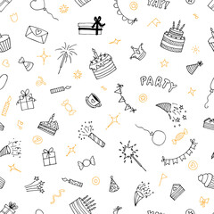 Happy Birthday. Hand drawn party seamless pattern. Cute doodle background. Birthday theme