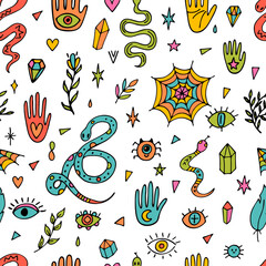 Magical hand drawn seamless pattern. Witchcraft print. Doodle boho style. Halloween. Mystical esoteric background