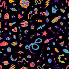 Mystical esoteric background. Doodle boho style. Halloween. Magical hand drawn seamless pattern. Witchcraft print