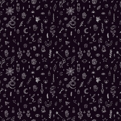 Mystical esoteric background. Magical hand drawn seamless pattern. Doodle boho style. Halloween. Witchcraft print