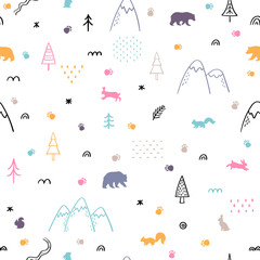 Seamless pattern with wild forest animals. Hand drawn background. Scandinavian style. Woodland life