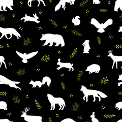 Seamless pattern with wild forest animals. Woodland life. Background for textile, wrapping paper, fabric, clothing