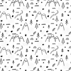 Seamless pattern with wild nature design. Hand drawn background. Scandinavian style. Woodland life