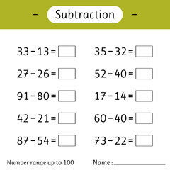 Subtraction. Number range up to 100. Math worksheet for kids. Mathematics. Solve examples and write. Developing numeracy skills