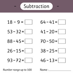 Subtraction. Number range up to 100. Math worksheet for kids. Mathematics. Solve examples. Developing numeracy skills