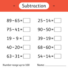 Subtraction. Number range up to 100. Math worksheet for kids. Solve examples and write. Developing numeracy skills. Mathematics