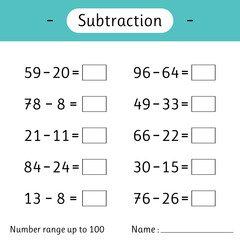Subtraction. Number range up to 100. Math worksheet for kids. Solve examples and write. Mathematics. Developing numeracy skills