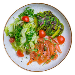 mixed salad with salmon and avocado isolated on white background