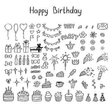 Set of hand drawn birthday party design elements. Happy Birthday. Balloons, cupcakes, cakes, gifts, candles, bows and festive attributes