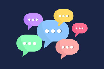 Minimalistic blue, green, pink, yellow speech bubbles. Modern conversation or social media posts.