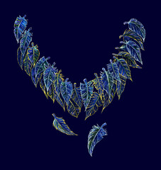 Feather necklace, abstract composition on dark blue background. Color drawing on fabric.