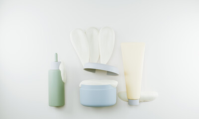 Fototapeta na wymiar 3d render. Cleansing cosmetics for face wash. Cosmetic jars with cream and foam. 3d illustration