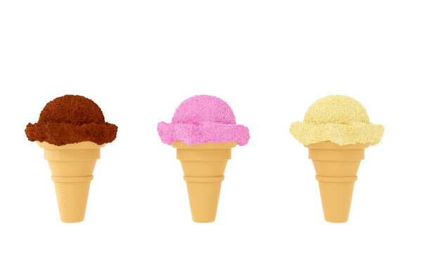 3d render. Set of three ice creams isolated on white background. 3d illustration