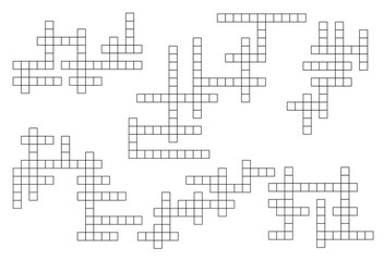 Crossword riddle, find word quiz grids collection. Crossword puzzle, intellectual game or riddle. Educational playing activity or text quiz vector grid templates set