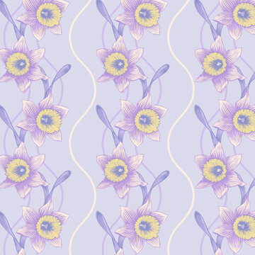 Seamless Vector Pattern with Vertical Daffodil Flowers Pattern on Light Purple Background. © Tofufafa