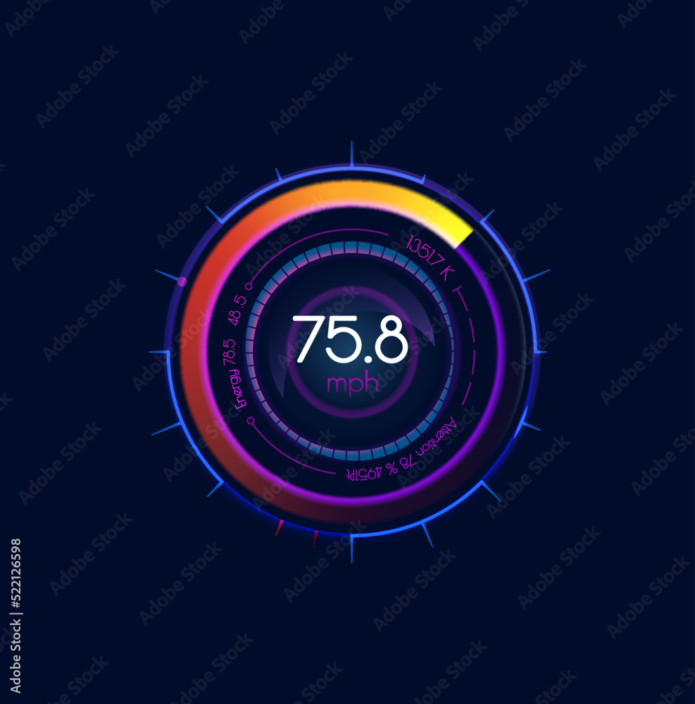 Leinwandbilder Futuristic car speedometer gauge dial. Neon led speed meter. Electric vehicle speedometer digital screen, motorbike dashboard circle interface or tachometer counter with energy level indicator bar