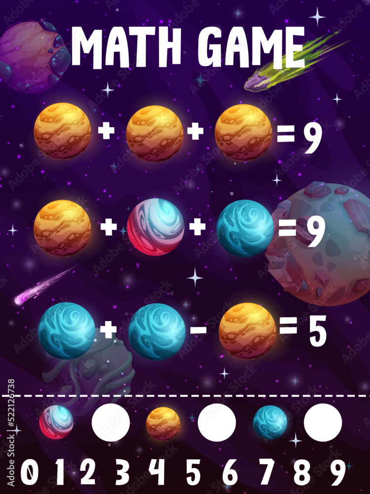 Poster math game worksheet. cartoon galaxy space comets, planets and stars. kids puzzle game with addition 
