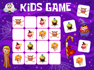 Sudoku game worksheet, cartoon Halloween candy characters on cemetery. Vector puzzle or logic riddle quiz of children education activity with cute personages of Halloween trick or treat sweet food