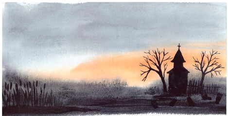 Illustration of halloween watercolor landscape with church and cemetery