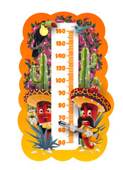 Kids height chart with mexican mariachi peppers. Kids growth meter vector chart with bougainvillea flowers, toucan and hummingbird, cactus, agave and peppers musicians characters in sombrero
