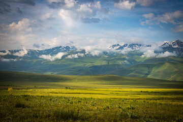 Obraz premium suussamyr valley in kyrgyzstan, mountain landscape, central asia, green valley, pasture