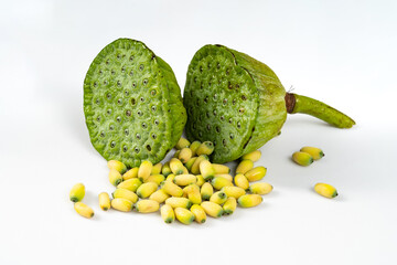 Fresh lotus seeds on a simple background