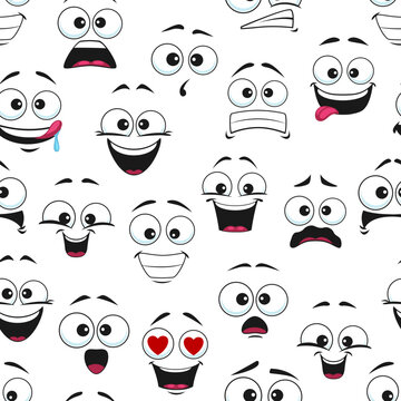 Happy cartoon faces seamless pattern. Vector background with smiling, excited and surprised facial emoji. Funny emotions, comic personages fall in love, rejoice, laughing with open mouth and tongue
