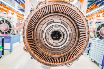 The engine of an aircraft in the workshop in process of disassembly
