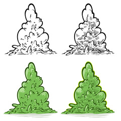 Cartoon black and white, green big bush set. Vector icon set isolated on white background.