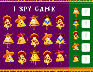 Fototapeta premium Funny mexican nachos chips characters, I spy kids game worksheet. Vector educational puzzle with tex mex nacho mariachi, sheriff or cowboy personages on playing field, kindergarten preschool riddle