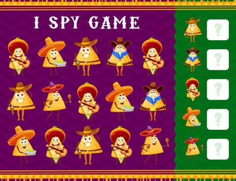 Funny mexican nachos chips characters, I spy kids game worksheet. Vector educational puzzle with tex mex nacho mariachi, sheriff or cowboy personages on playing field, kindergarten preschool riddle