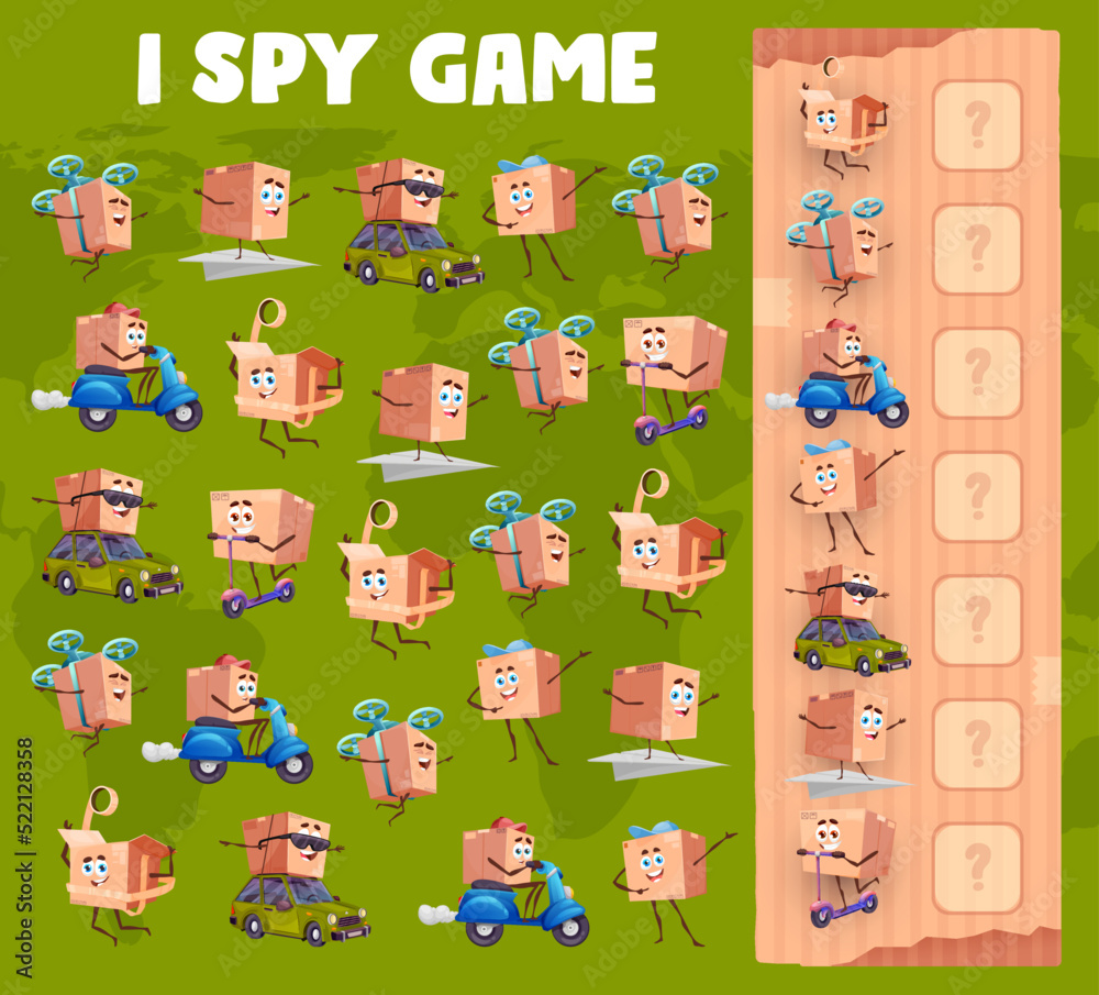 Aufkleber I spy game worksheet cartoon package box characters. Kindergarten children math game with objects searching and counting task, vector counting puzzle or kids riddle with parcel box funny personages