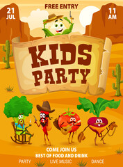 Cowboy and bandit kids party flyer. Cartoon vegetable characters. Children party poster vector flyer with cauliflower, broccoli and chili pepper, tomato and beet cowboy personages