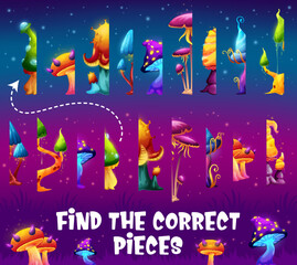 Find the correct half piece of magic mushroom. Game worksheet. Kids educational game vector worksheet or children quiz, parts search riddle with magic fungi, luminous fluorescent fantasy mushrooms
