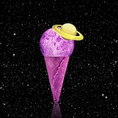 Contemporary minimal collage art. Saturn Ice Cream in cosmic space. Pop culture