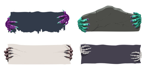 Halloween banners with witch, skeleton, vampire, zombie and werewolf hands. Vector Halloween monster hands holding blank paper signs and gravestones, horror night party and trick or treat event invite © Vector Tradition