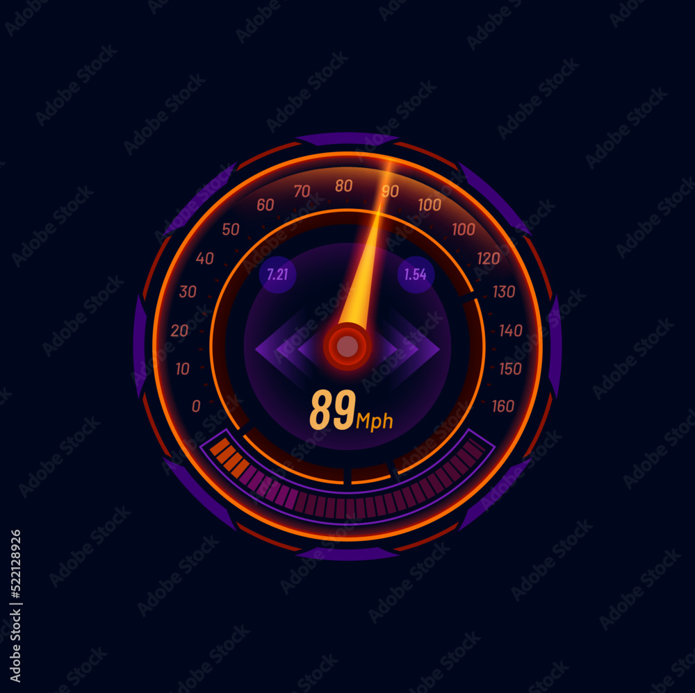 Poster futuristic car speedometer gauge dial with MPH scale and arrow. Modern vehicle dashboard speed meter vector led indicator. Automobile digital tachometer, car speedometer futuristic neon display