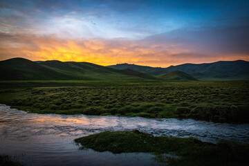 Naklejka na ściany i meble river, sunset at mountains in Kyrgyzstan, Song-Köl, Central Asia,