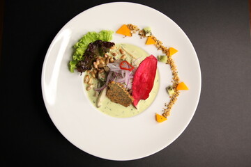 ceviche peruvian raw fish dish top view close up