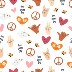 Fotobehang Retro peace symbols seamless pattern isolated on white. Textile vintage style print design with groovy, funky, hippie elements. Positive gestures repeated background. Hand drawn vector illustration © Diana