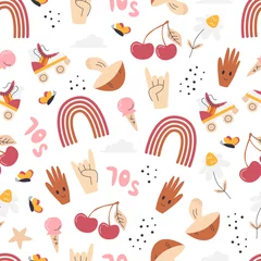 Fototapeten Retro 70s hippie seamless pattern isolated on white. Textile vintage style print design with cherry, rainbow, skate rollers, rock gesture. Nostalgic repeated background. Hand drawn vector illustration © Diana