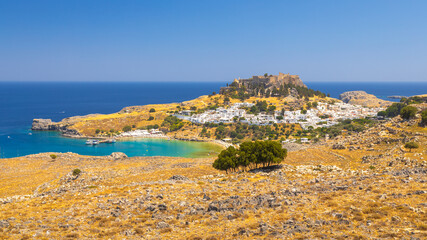 Panoramic view of Lindos town with the Acropolis on Rhodes island, Greece, Europe.