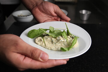 italian polenta and blue cheese dish close up top view