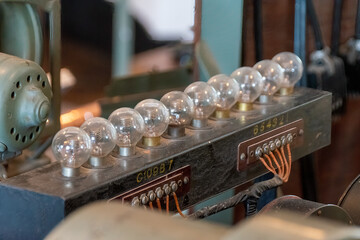 A row of indicator light bulbs is part of a large display of communications equipment at the Heart's Content Cable Station in Newfoundland.