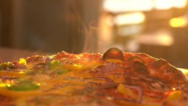 Hot Tasty Pizza with Melting Cheese, Chorizo, Onions, and Bell Pepper