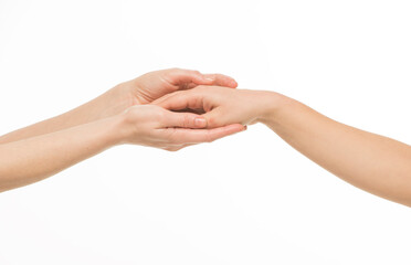 female hands do massage, touch each other, stroke each other on a white background isolated